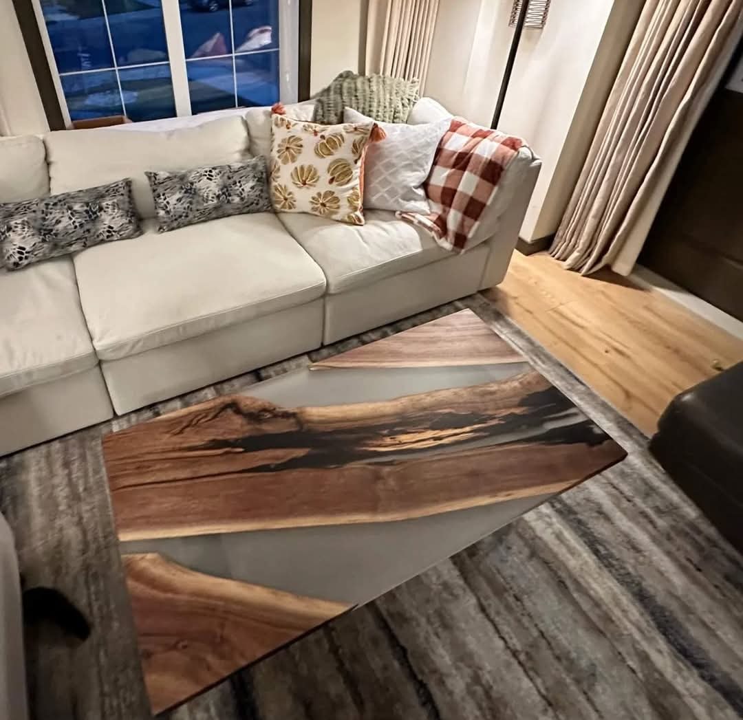 Live edge walnut grey epoxy river coffee table overhead view