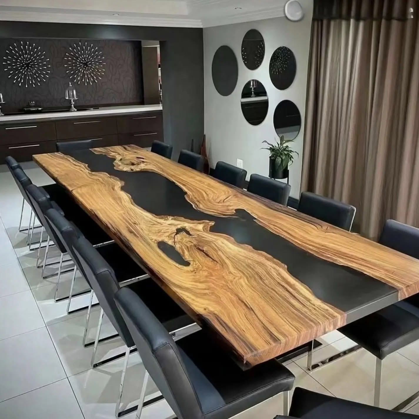 Live edge bookmatched slab black epoxy river conference table with chrome-leg leather chairs — Calgary Wood Works