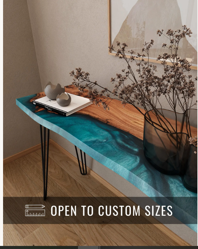 Custom turquoise epoxy river console table with hairpin legs — Calgary Wood Works