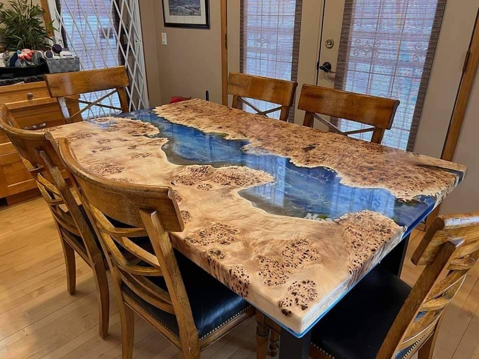 Spectacular maple burl blue epoxy river dining table with matching wood chairs