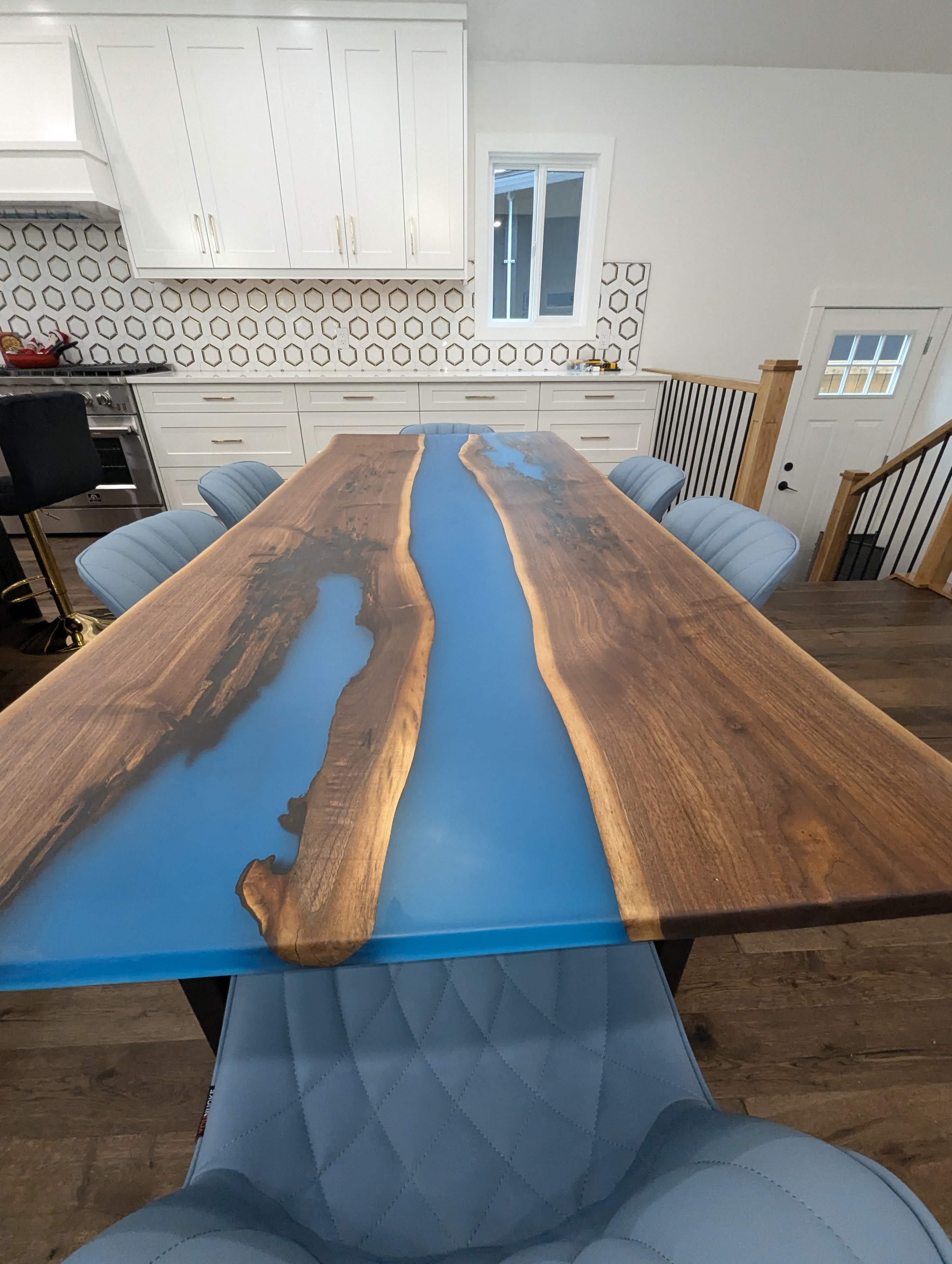 Wide blue epoxy river dining table — Calgary
