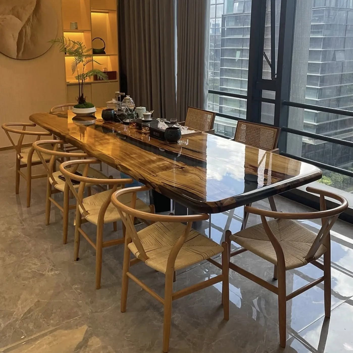 Live edge walnut black epoxy river dining table with U-base — Valentine's Day styled Calgary kitchen