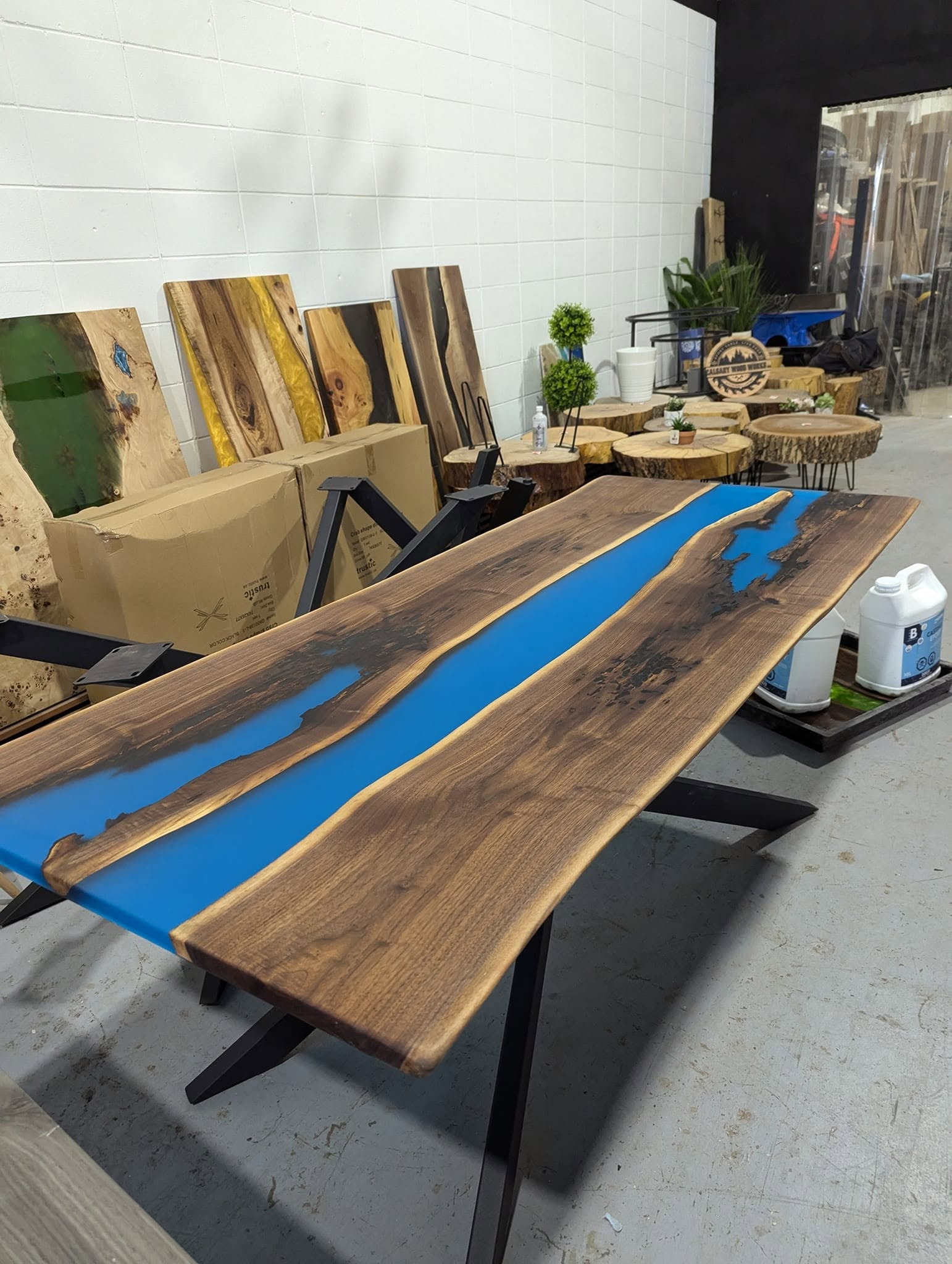 Live edge walnut bright blue epoxy river dining table on X-base — Calgary Wood Works showroom display