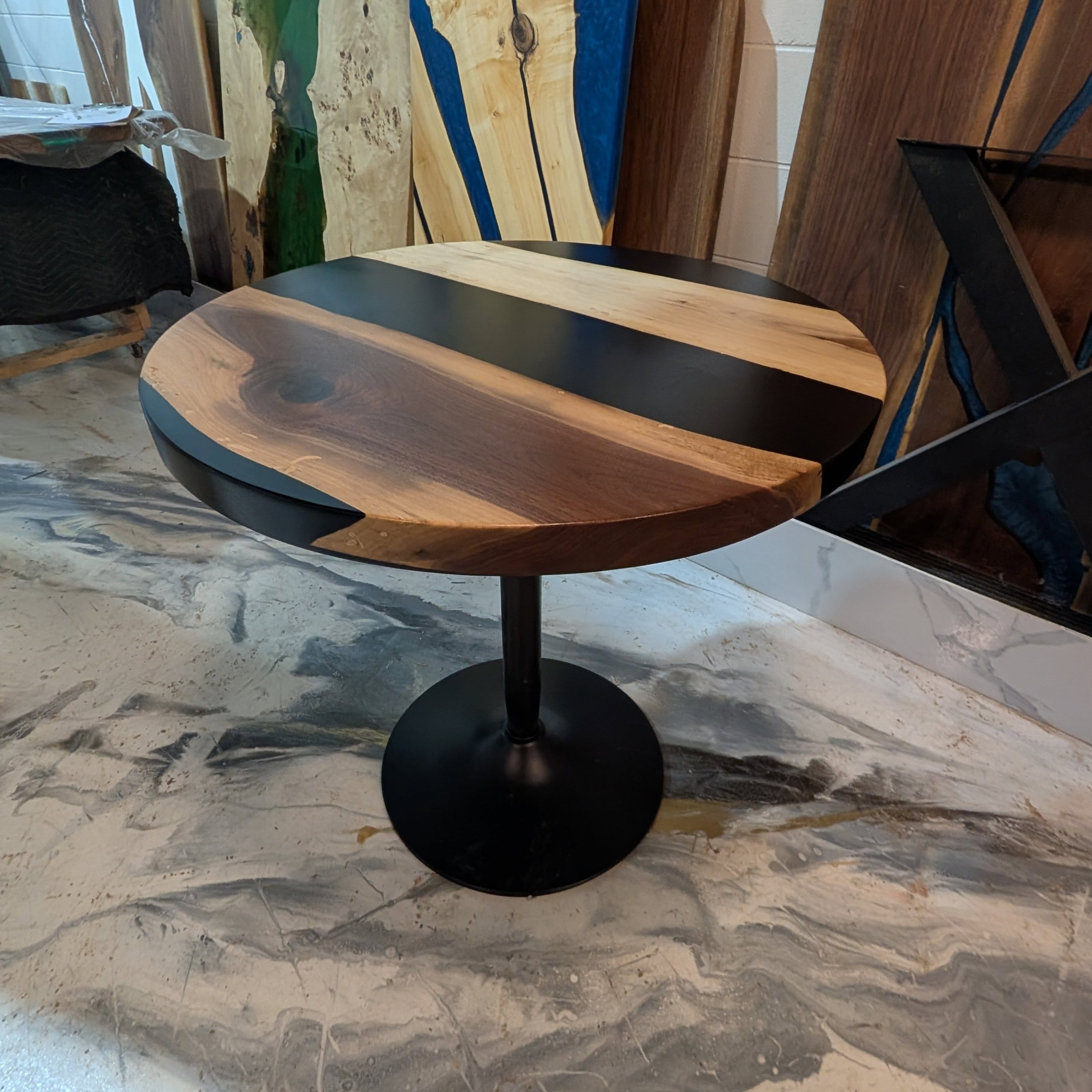 Triple-slab live edge walnut clear metallic epoxy river table — wide shop view at Calgary Wood Works