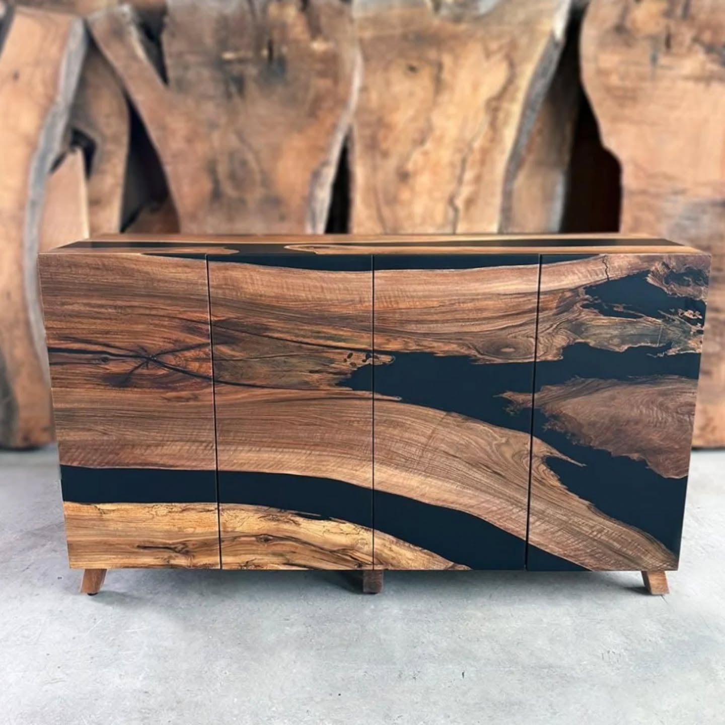 Custom walnut hutch with black epoxy credenza