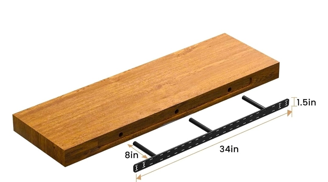 Floating shelf hidden bracket hardware diagram showing 34in steel rod system — Calgary Wood Works