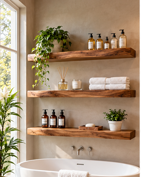 Three live edge walnut floating shelves above freestanding tub styled with spa products, towels and plants — Calgary Wood Works