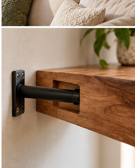 Hidden black steel bracket detail on live edge walnut floating shelf — Calgary Wood Works custom hardware