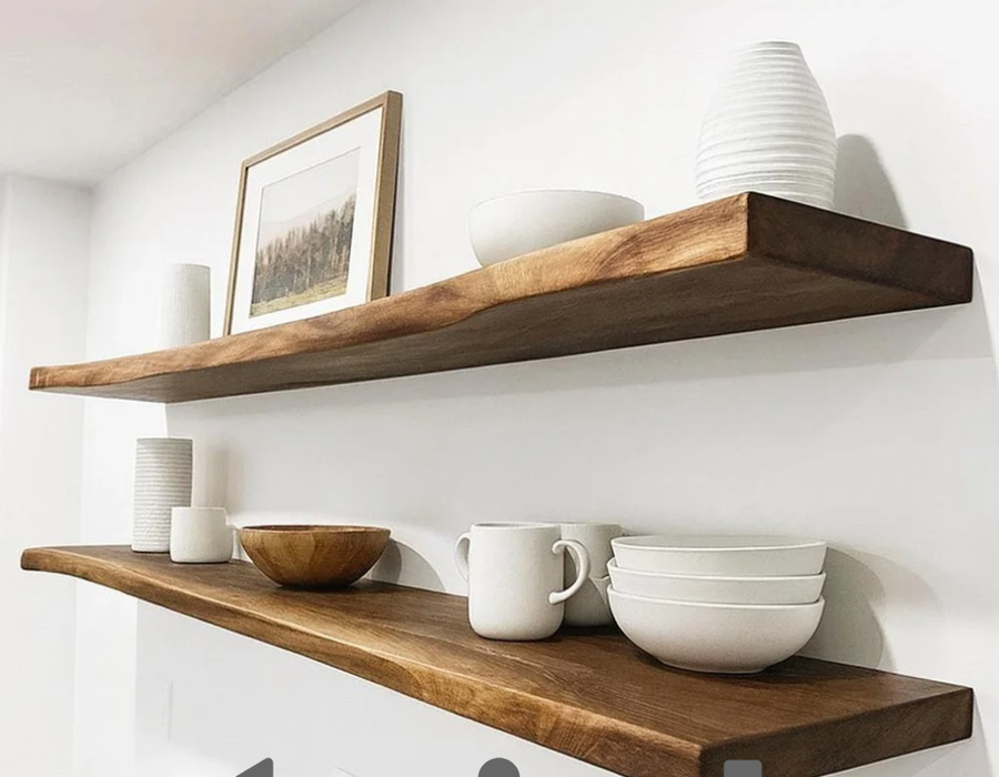 Live edge walnut floating shelves on white wall with minimal ceramic bowls and mugs — Calgary Wood Works