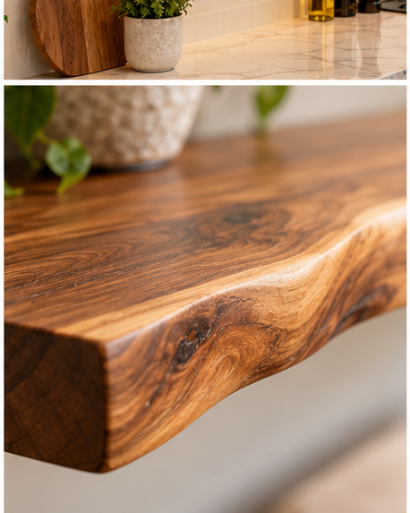 Close-up of live edge walnut floating shelf showing dramatic wood grain and natural edge — Calgary Wood Works