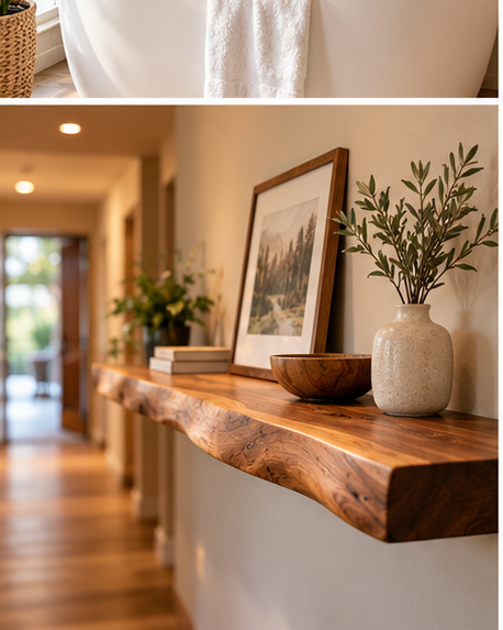 Live edge walnut floating shelf in bright hallway styled with framed art, ceramic bowl and greenery — Calgary Wood Works