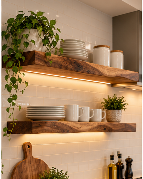 Live edge walnut floating kitchen shelves with LED underlighting styled with dishes, mugs and trailing plants — Calgary Wood Works