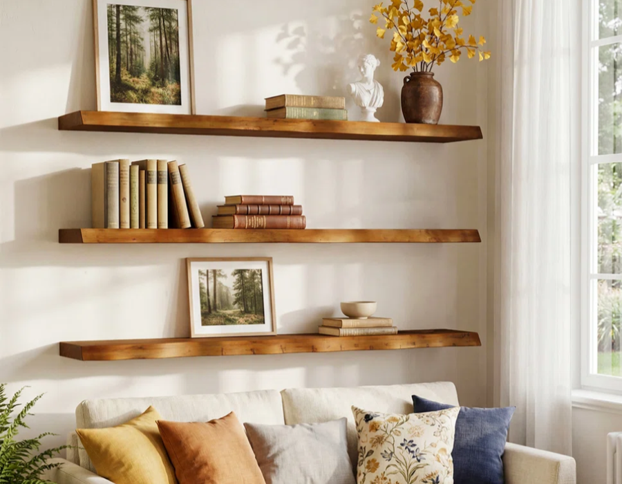 Live edge wood floating shelves in a bright living room styled with framed art, books and a ceramic vase — Calgary Wood Works