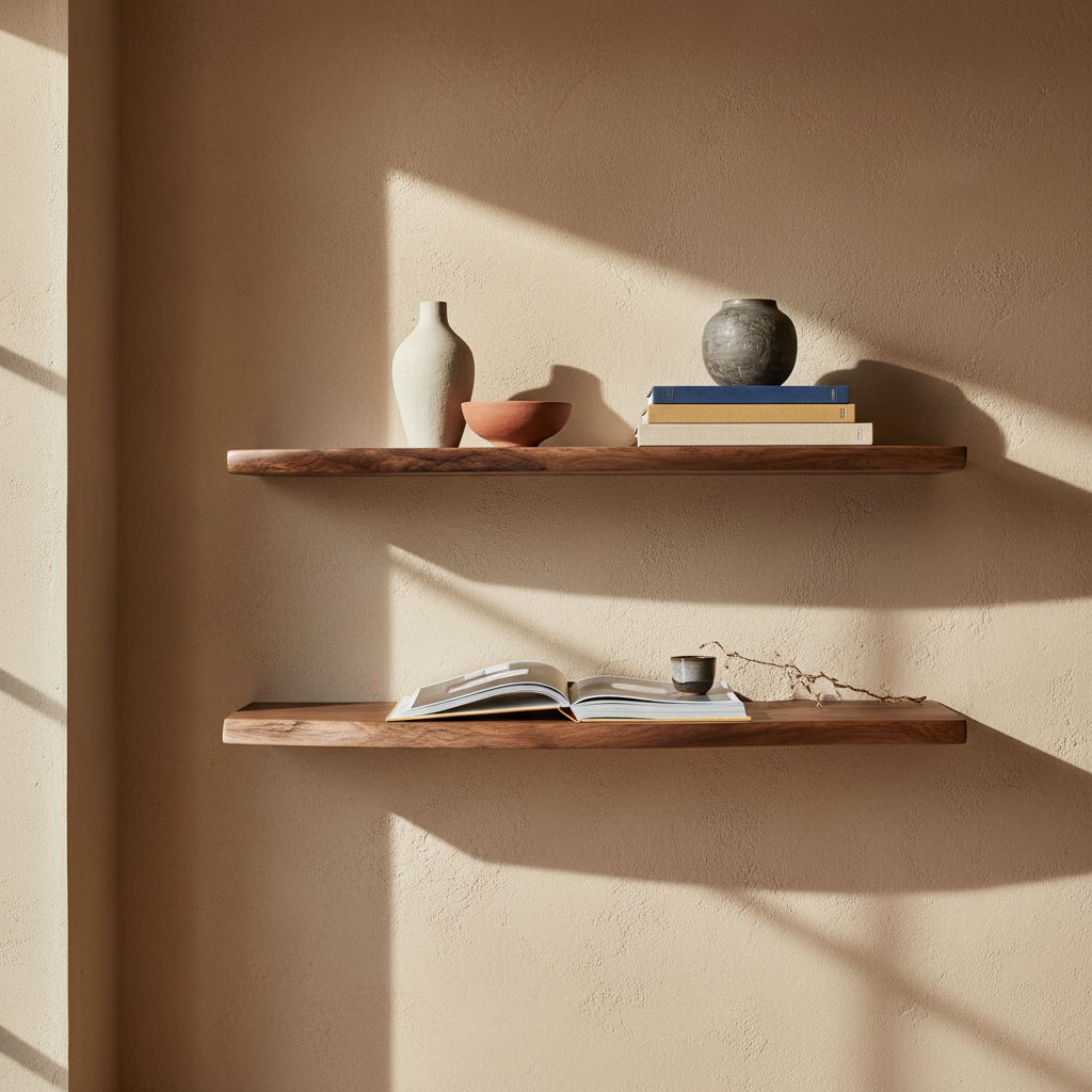 Handcrafted live-edge walnut floating shelves styled with ceramics and art books in a warm Calgary living room