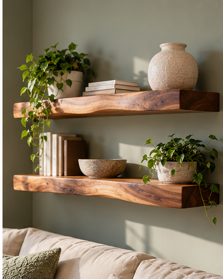 Pair of live edge walnut floating shelves on sage green wall styled with trailing plants, books and ceramic vase — Calgary Wood Works