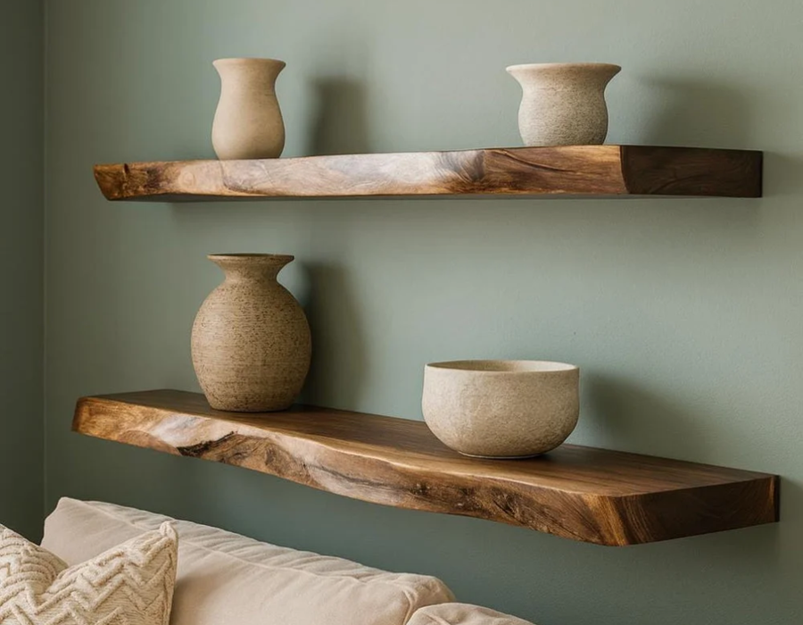 Live edge wood floating shelves on sage green wall with ceramic vases and neutral decor — Calgary Wood Works