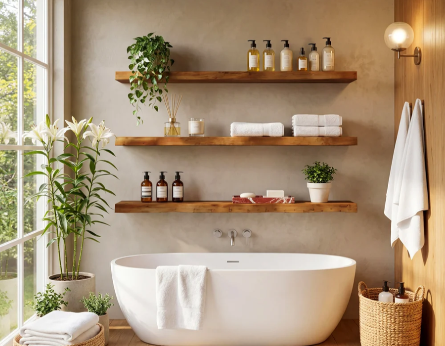 Walnut floating shelves styled in a warm spa bathroom with plants, towels and amber bottles — Calgary Wood Works inspiration