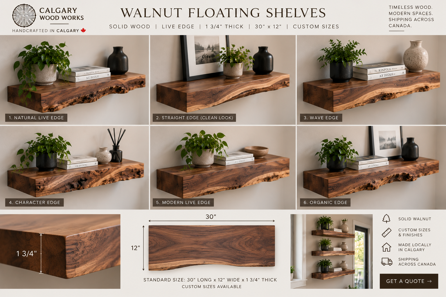Handcrafted white oak floating shelves styled with books and plants in a modern home office